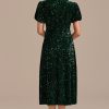 New Sequin Short Sleeve Square Neck Midi Dress Green