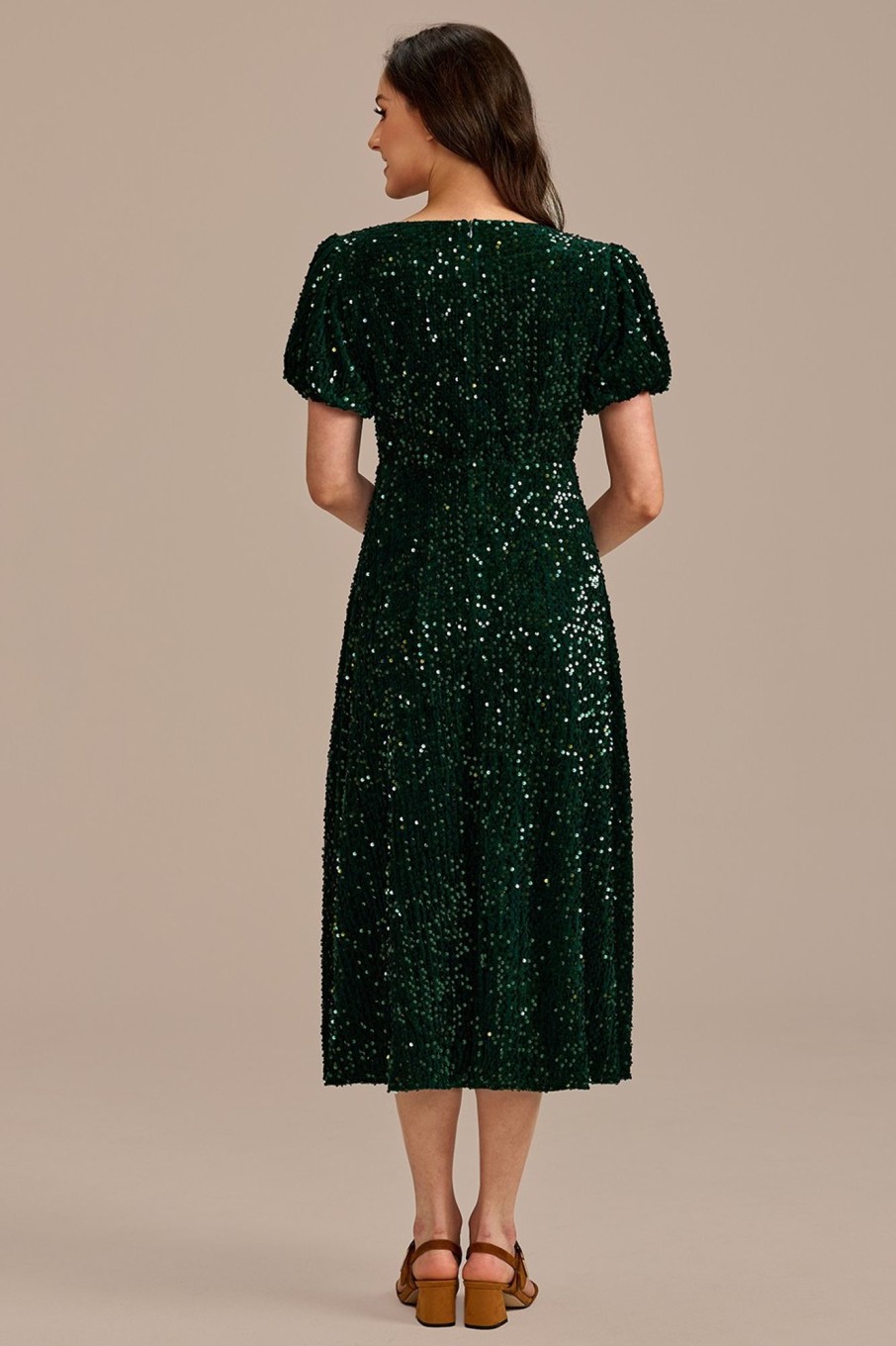 New Sequin Short Sleeve Square Neck Midi Dress Green