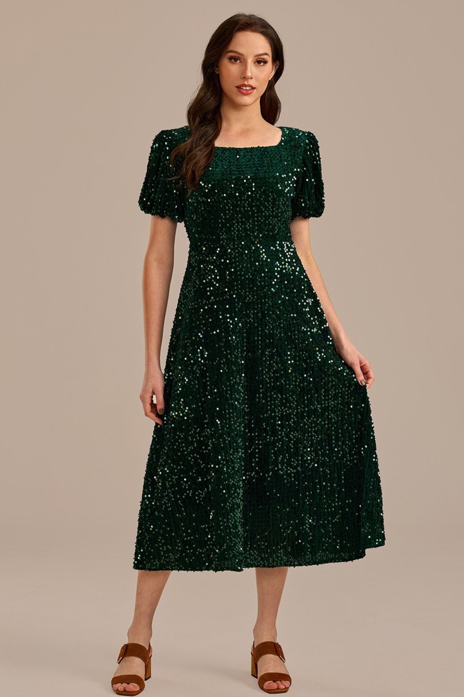 New Sequin Short Sleeve Square Neck Midi Dress Green