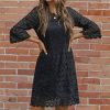 Wholesale 3/4 Sleeve Length Round Neck Lace Vintage Midi Dress Black