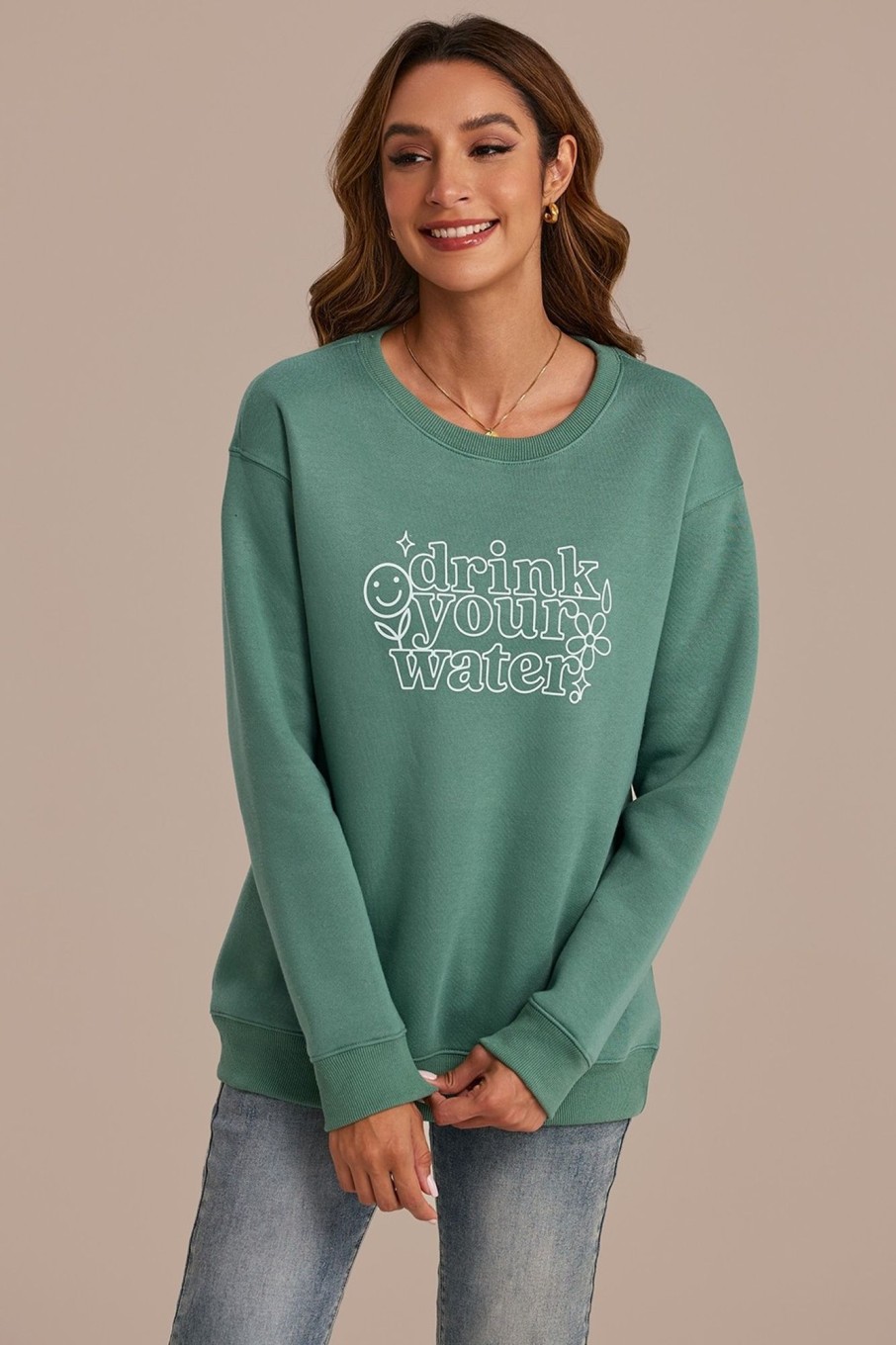 Best Solid Round Neck Long Sleeve Casual Sweatshirt Sea Green