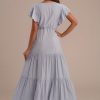 Wholesale Blue Short Ruffle Sleeve V Neck Buttons Maxi Dress As Picture