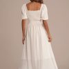 Wholesale Short Puff Sleeve Square Neck Tie Waist Midi Dress White