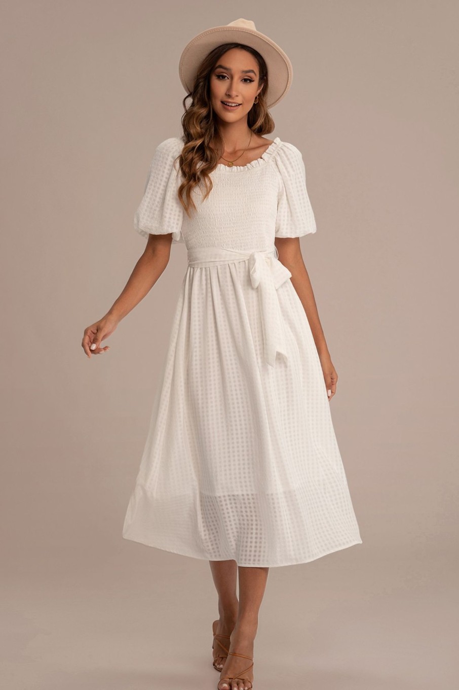 Wholesale Short Puff Sleeve Square Neck Tie Waist Midi Dress White