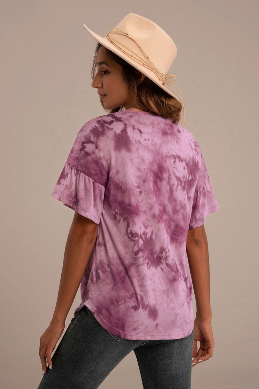 Hot Tie Dye Short Ruffle Sleeve Round Neck Blouse Top Purple