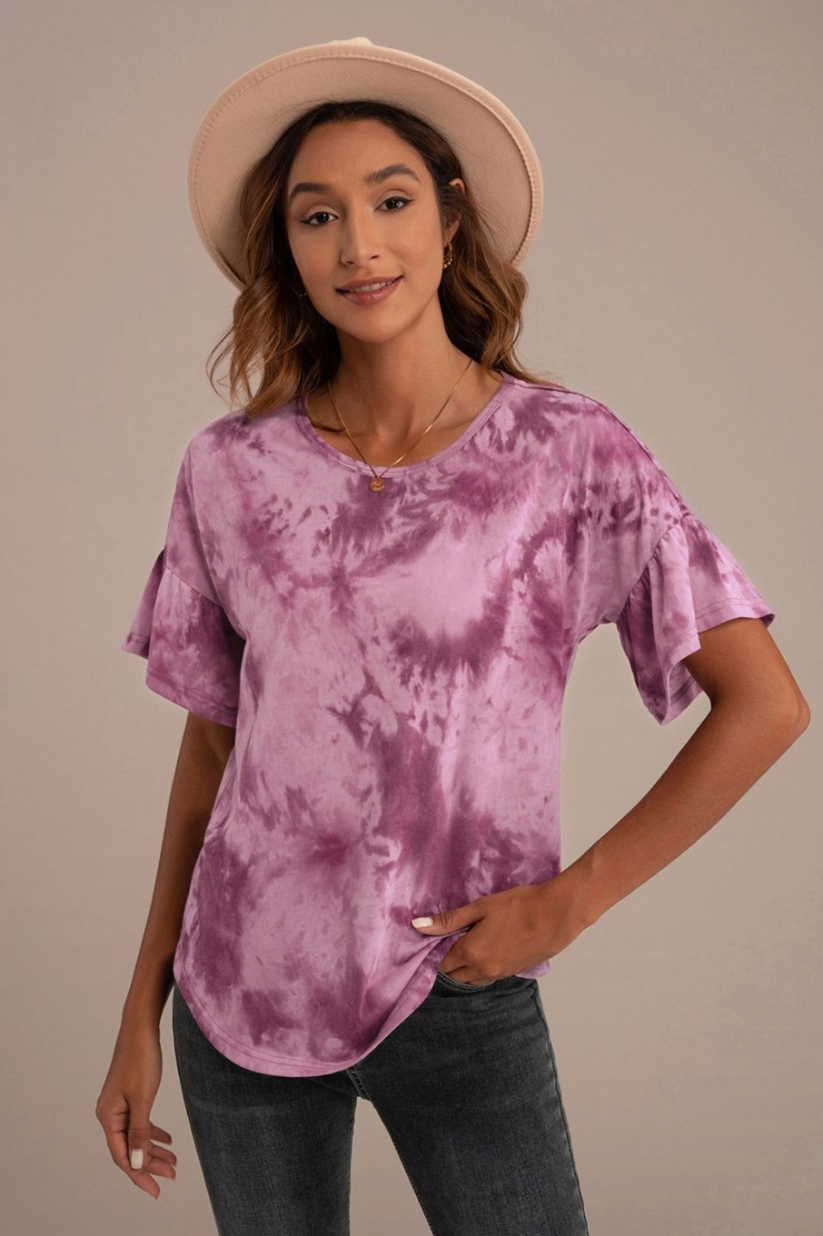 Hot Tie Dye Short Ruffle Sleeve Round Neck Blouse Top Purple