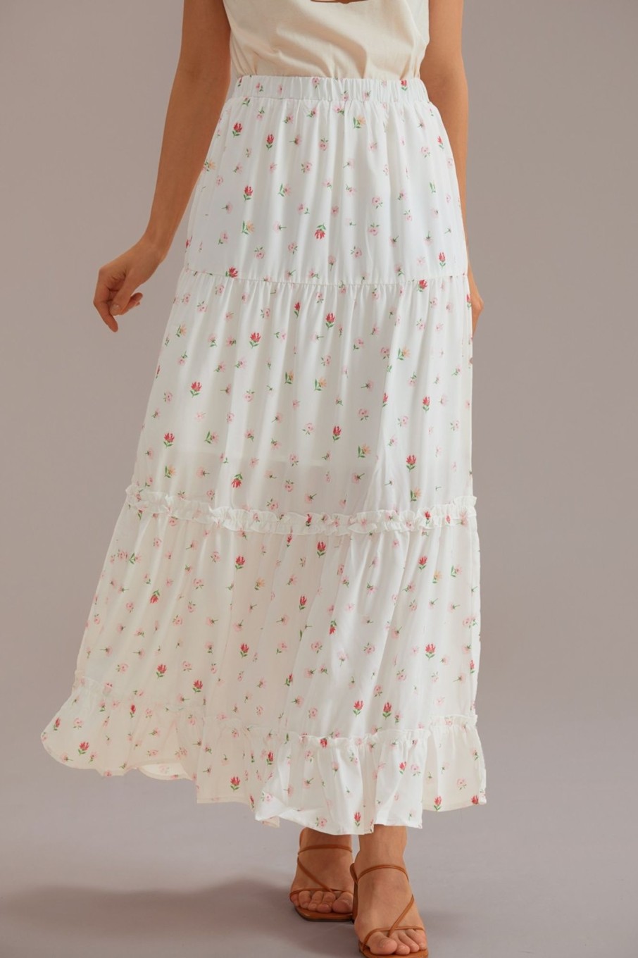 Clearance Casual Elastic Waist Ruffle Tiered Midi Skirt Floral