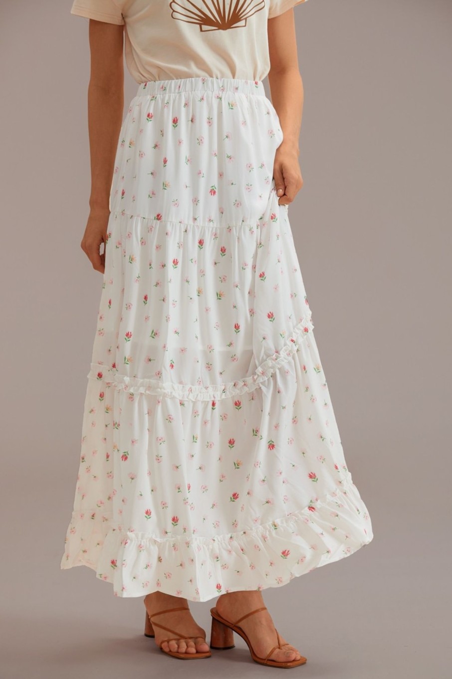 Clearance Casual Elastic Waist Ruffle Tiered Midi Skirt Floral