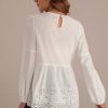 Best Eyelet Scallop Trim Round Neck Long Sleeve Top White