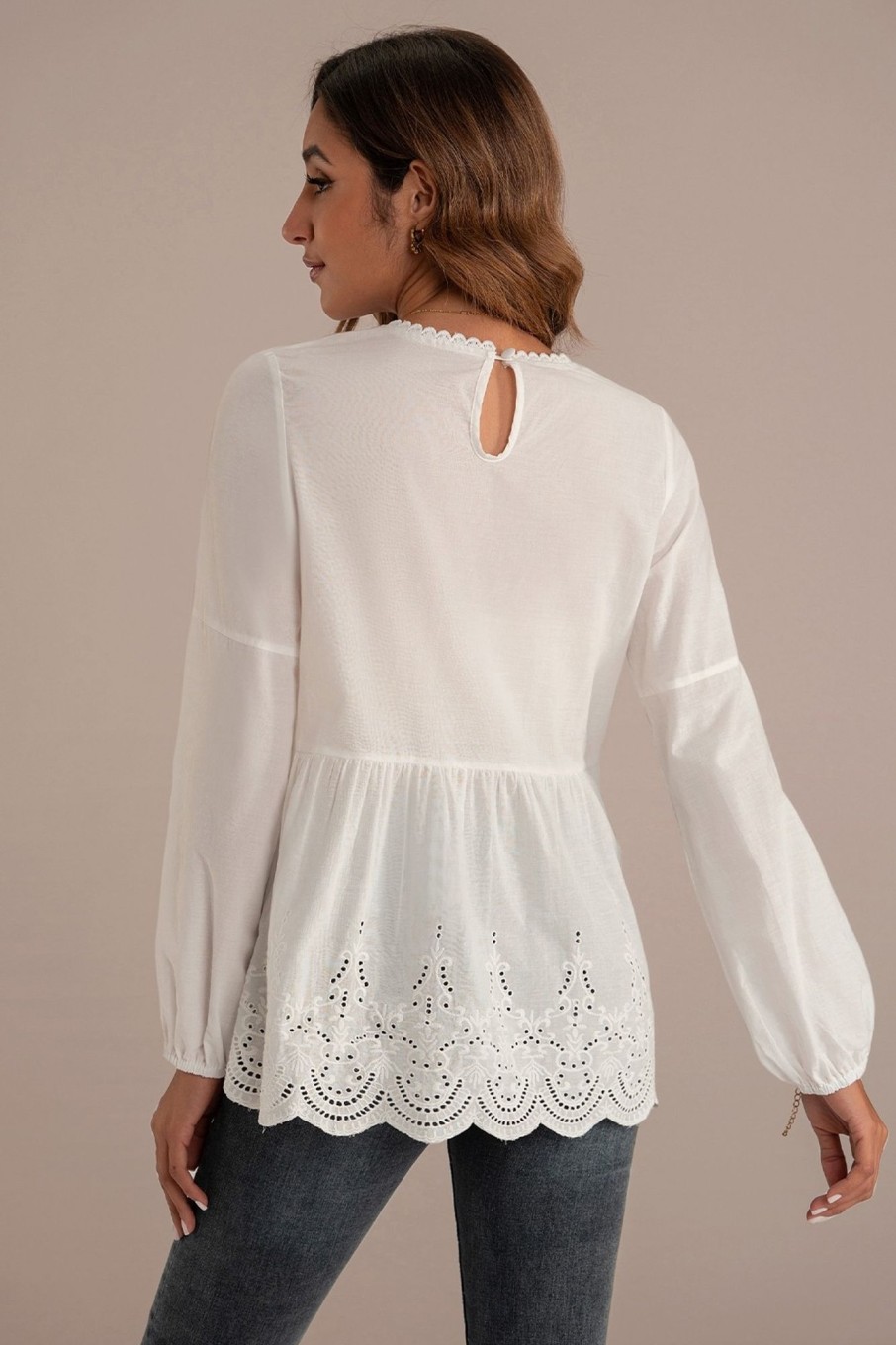 Best Eyelet Scallop Trim Round Neck Long Sleeve Top White