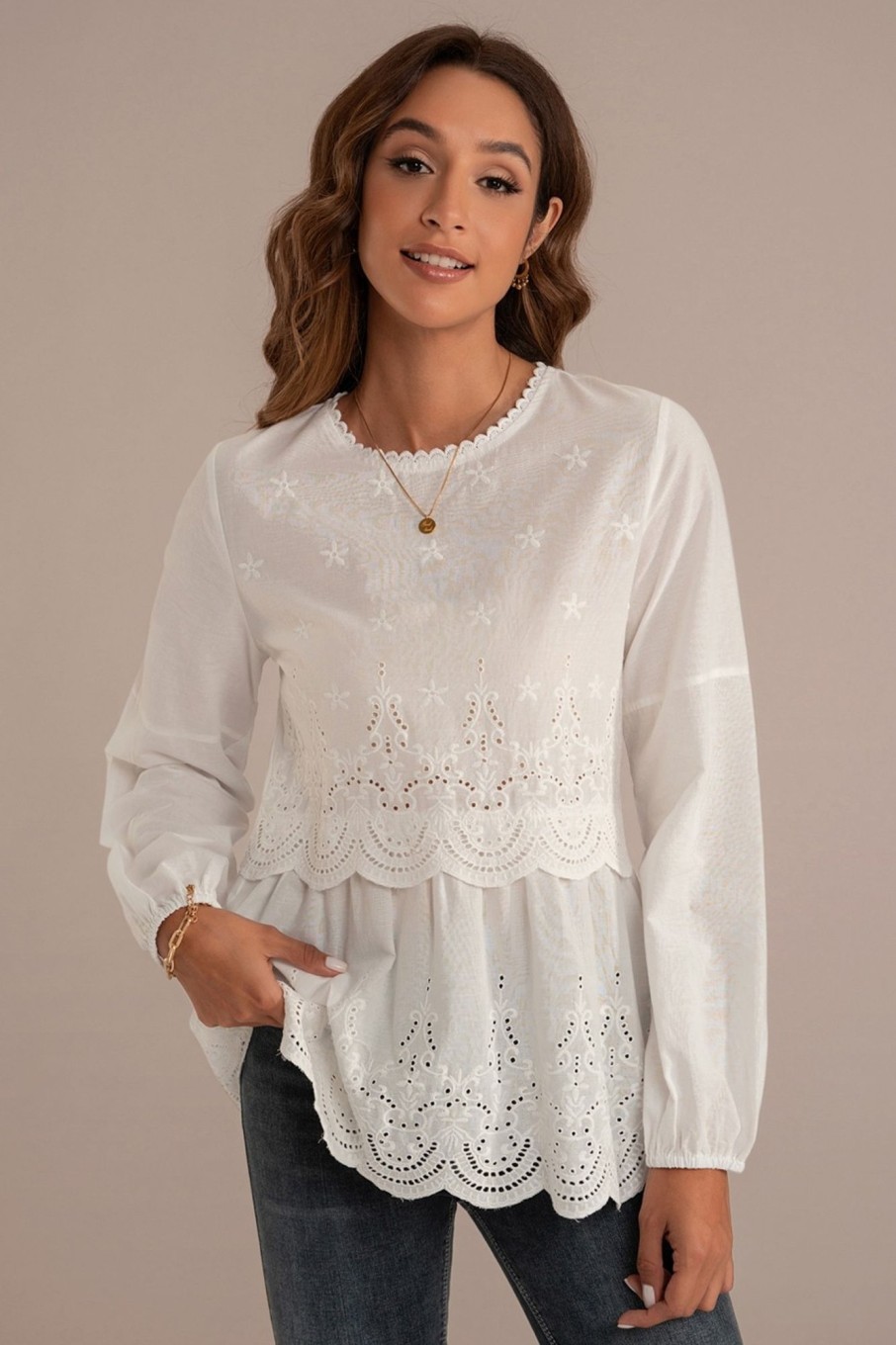 Best Eyelet Scallop Trim Round Neck Long Sleeve Top White