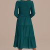 Online Long Sleeve V Neck Smocked Tiered Midi Dress Teal