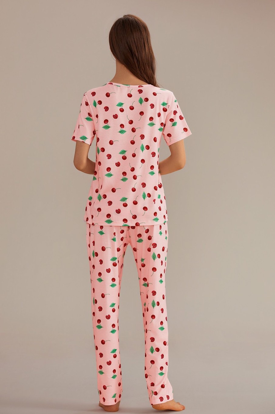 Hot Cherry Print Short Sleeve Round Neck Pj Set Pink