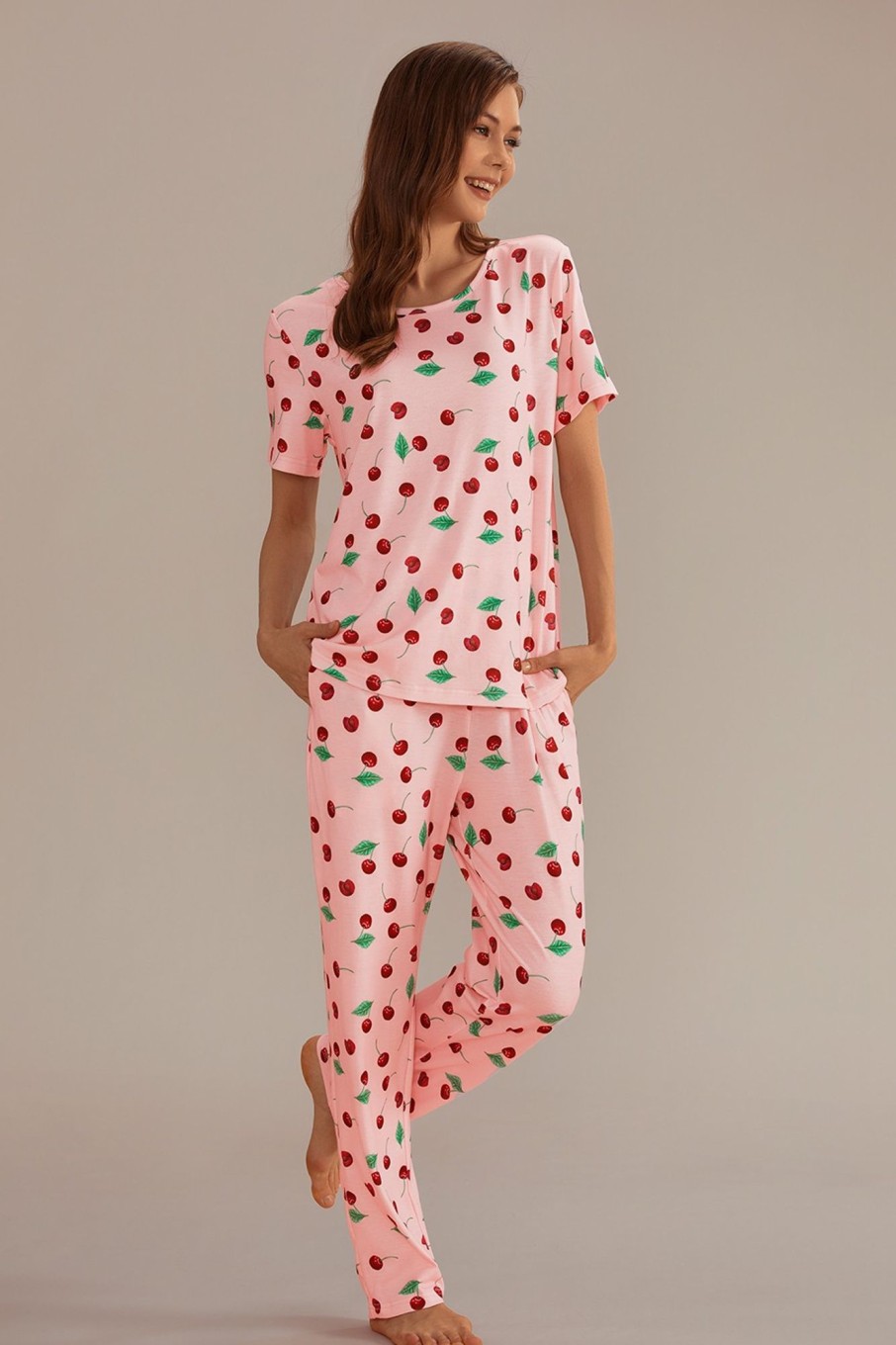 Hot Cherry Print Short Sleeve Round Neck Pj Set Pink