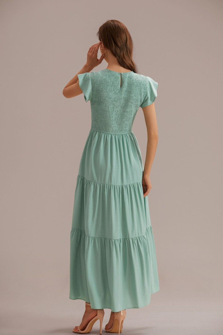 Online Ruffle Sleeve High Neck Smocked Tiered Maxi Dress Sage