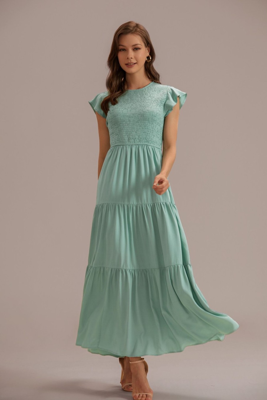 Online Ruffle Sleeve High Neck Smocked Tiered Maxi Dress Sage