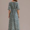 Online Floral Half Sleeve V Neck Smocked Tie Waist Maxi Dress With Pockets Olive