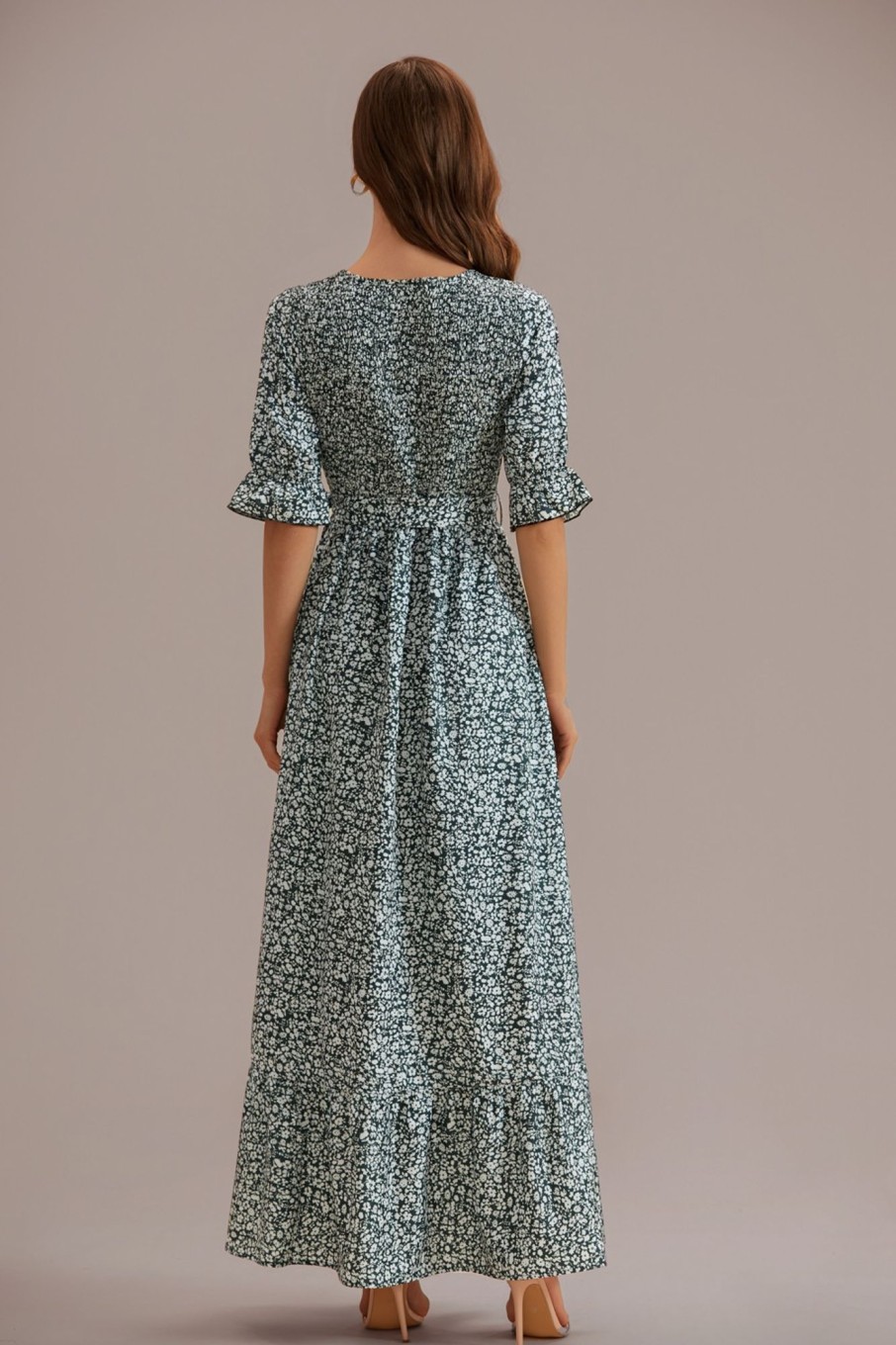 Online Floral Half Sleeve V Neck Smocked Tie Waist Maxi Dress With Pockets Olive