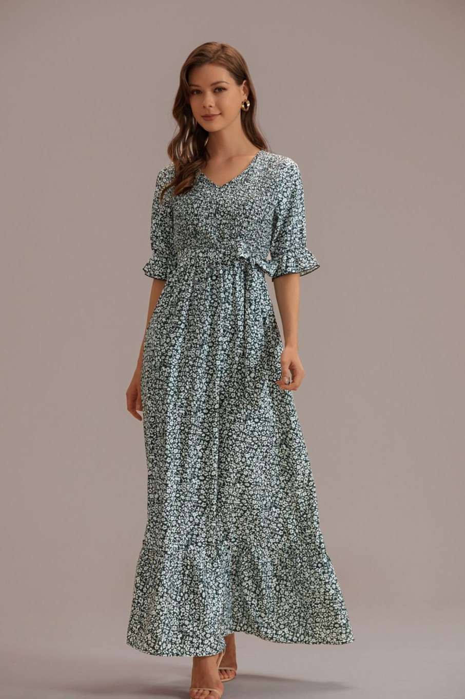 Online Floral Half Sleeve V Neck Smocked Tie Waist Maxi Dress With Pockets Olive