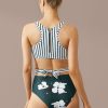 Wholesale Stripe Floral With Tie Zip One Piece Swimsuit White