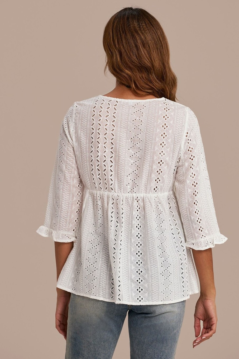 Wholesale Round Neck 3/4 Sleeve Flared Hem Blouse White