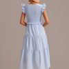 Wholesale Flying Sleeve V Neck Tiered Midi Dress Light Blue