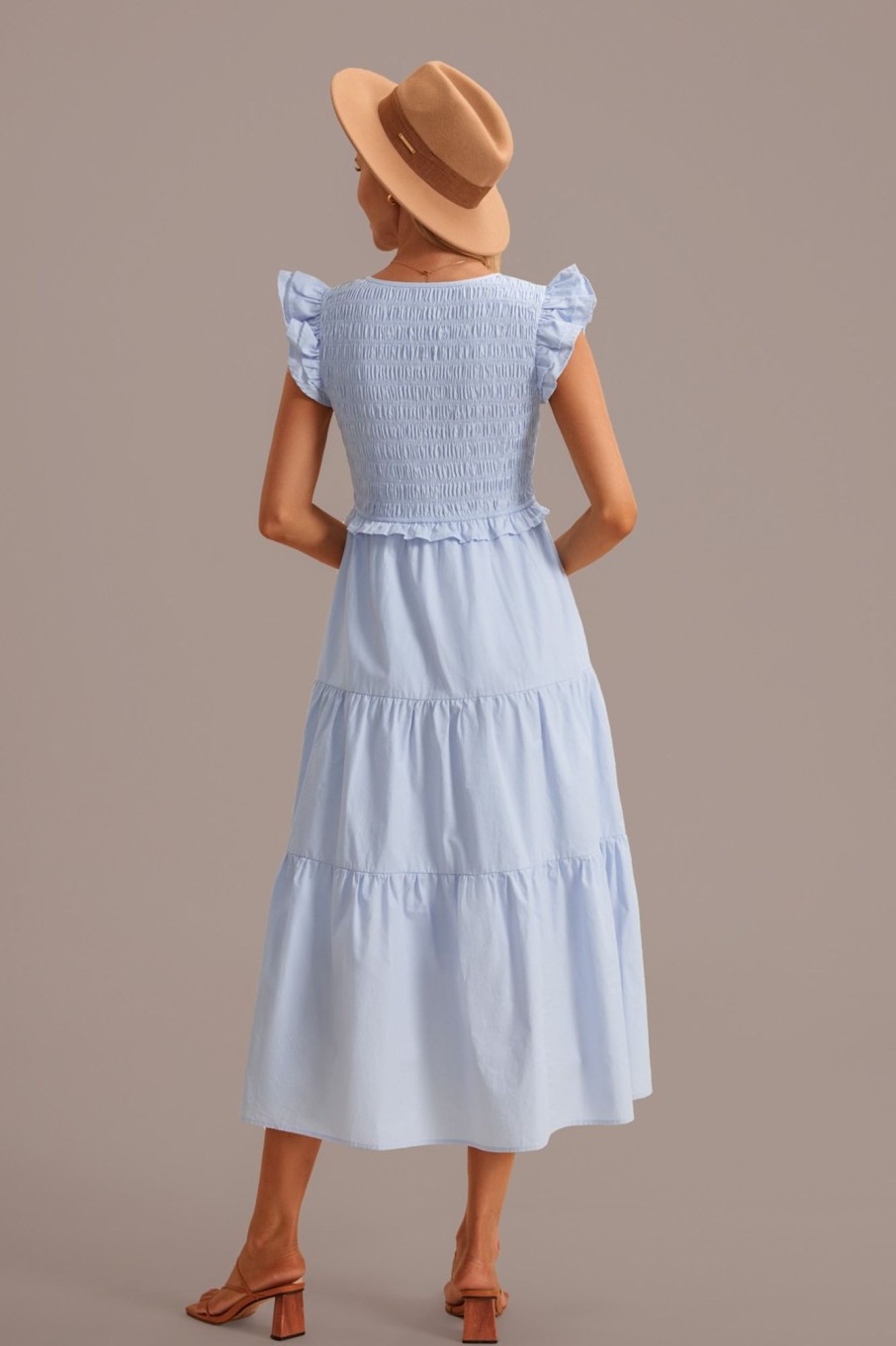 Wholesale Flying Sleeve V Neck Tiered Midi Dress Light Blue