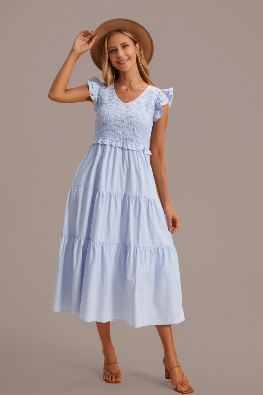 Wholesale Flying Sleeve V Neck Tiered Midi Dress Light Blue