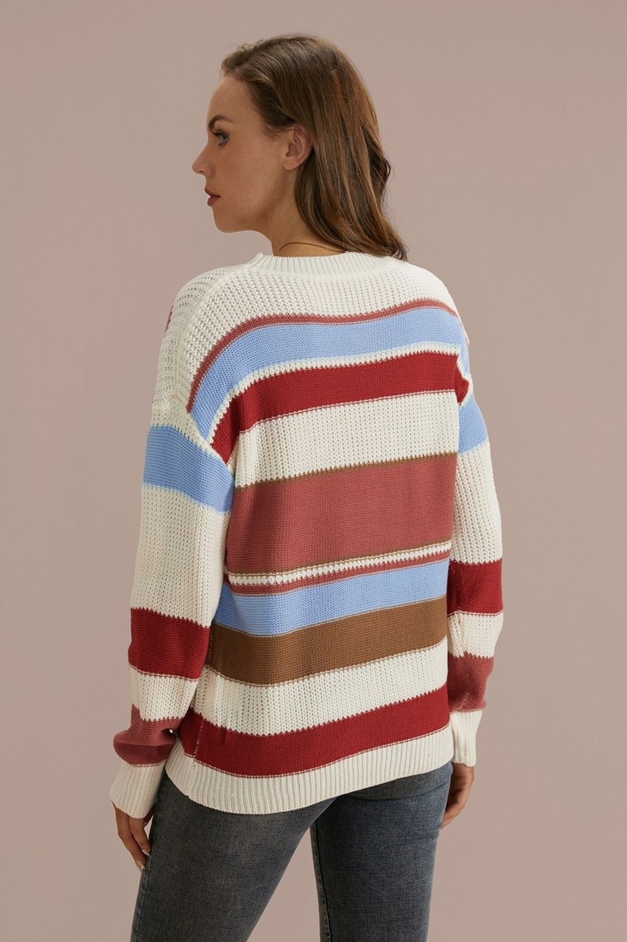 Online Multicolor Striped Loose Casual Round Neck Knitted Sweater As Picture