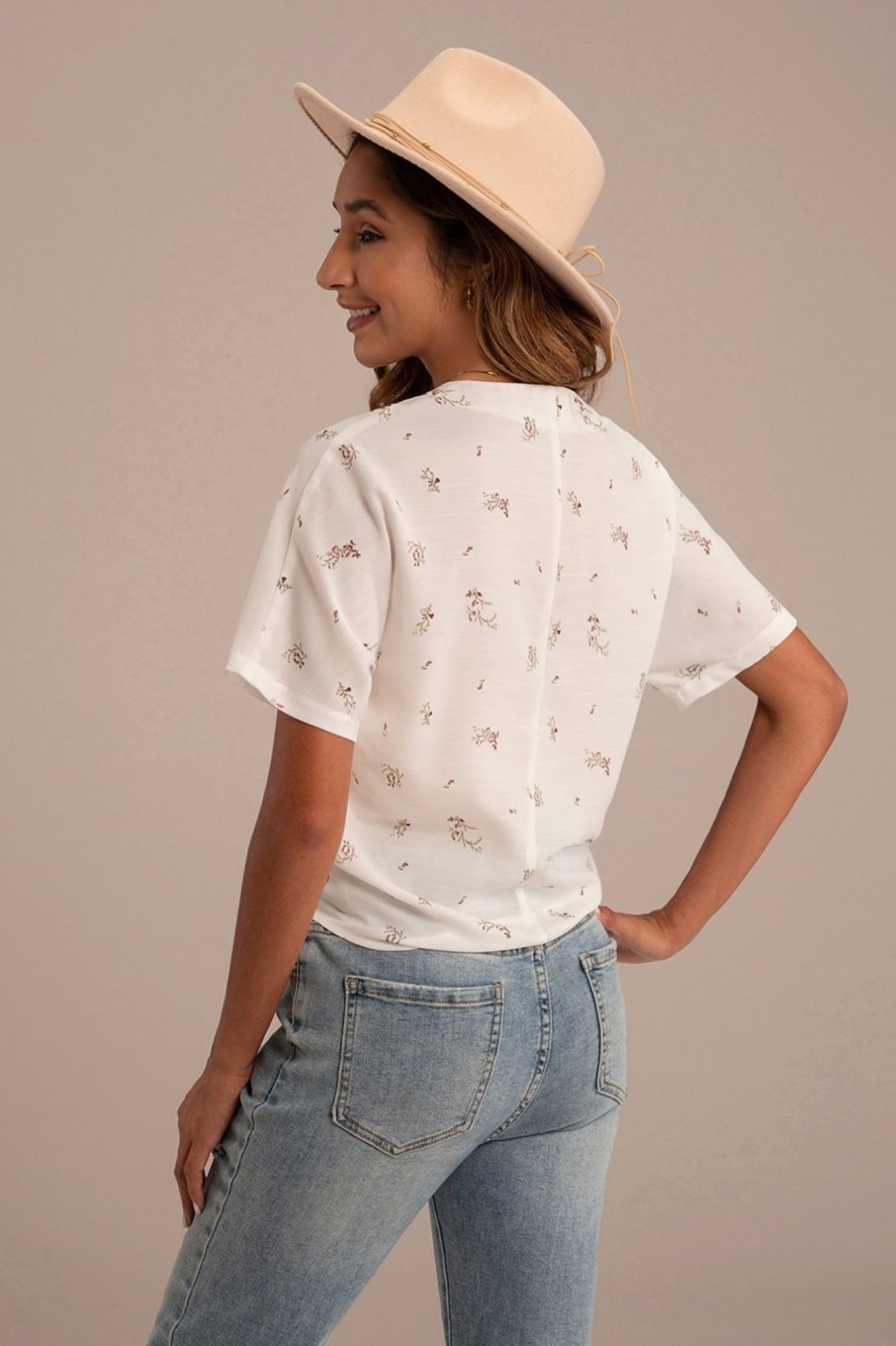 Best Floral Short Sleeve V Neck Buttons Top White