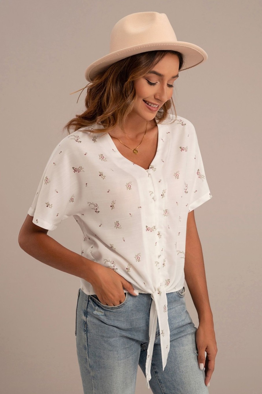 Best Floral Short Sleeve V Neck Buttons Top White