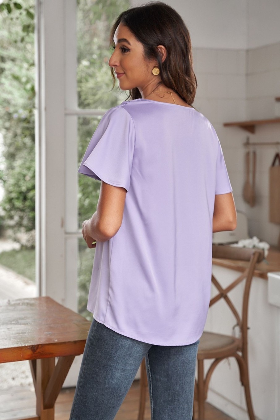 Online Casual Short Sleeve V Neck Blouse Shirt Purple