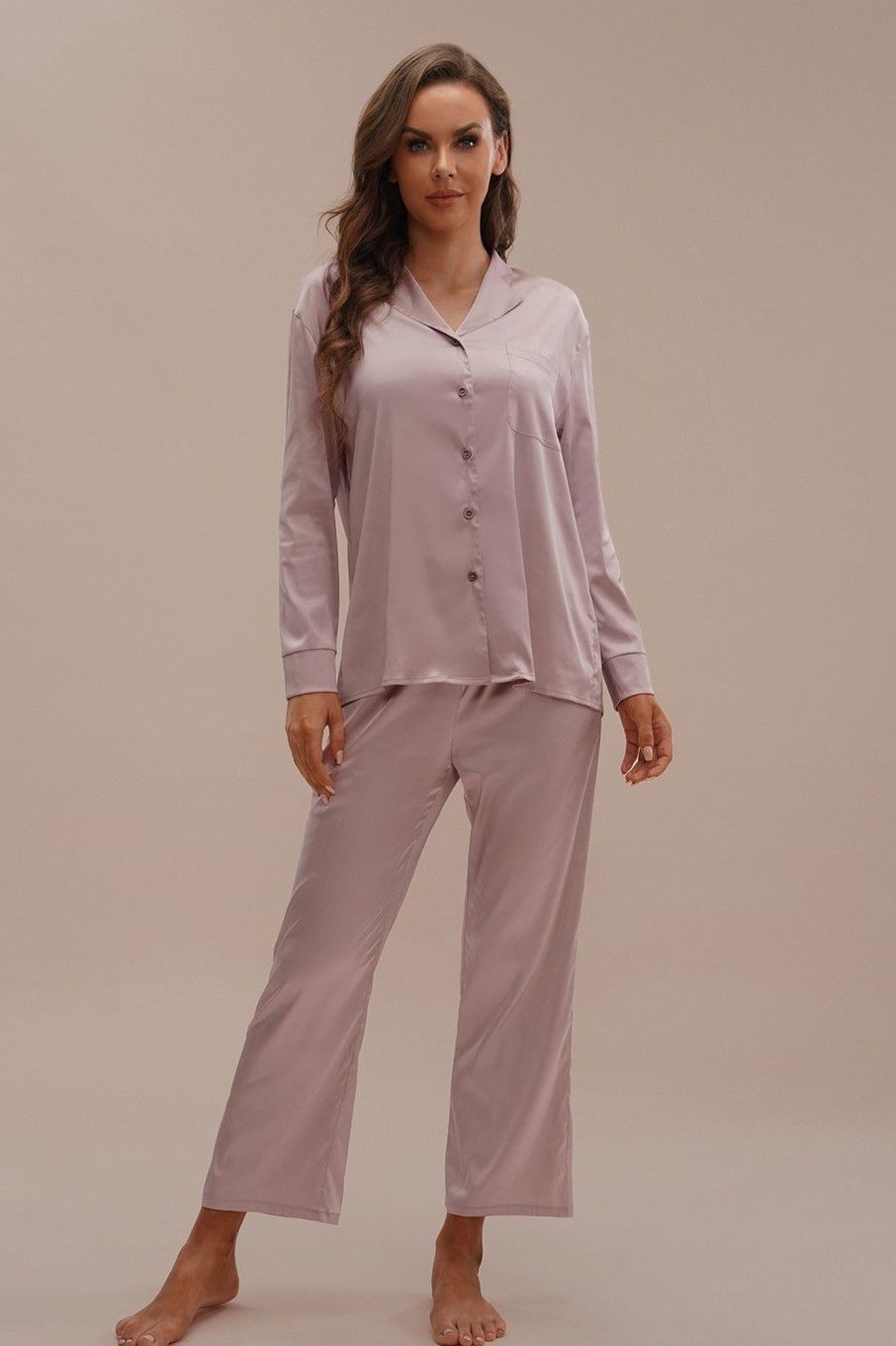 New Cozy Soft Long Sleeve Collared Neck Buttons Pj Set Pearl Pink