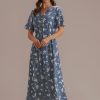 New Floral Short Sleeve V Neck Function Buttons Midi Dress Blue