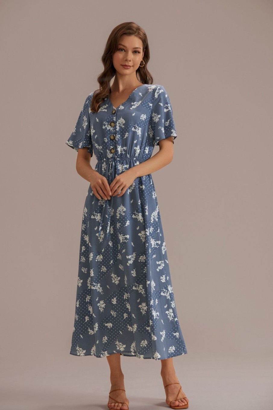 New Floral Short Sleeve V Neck Function Buttons Midi Dress Blue