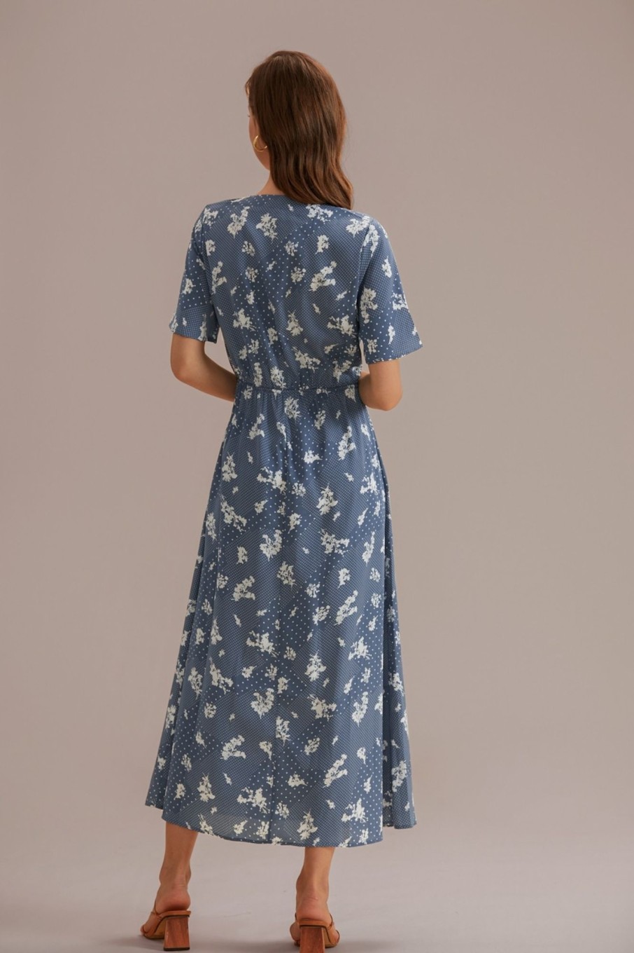 New Floral Short Sleeve V Neck Function Buttons Midi Dress Blue