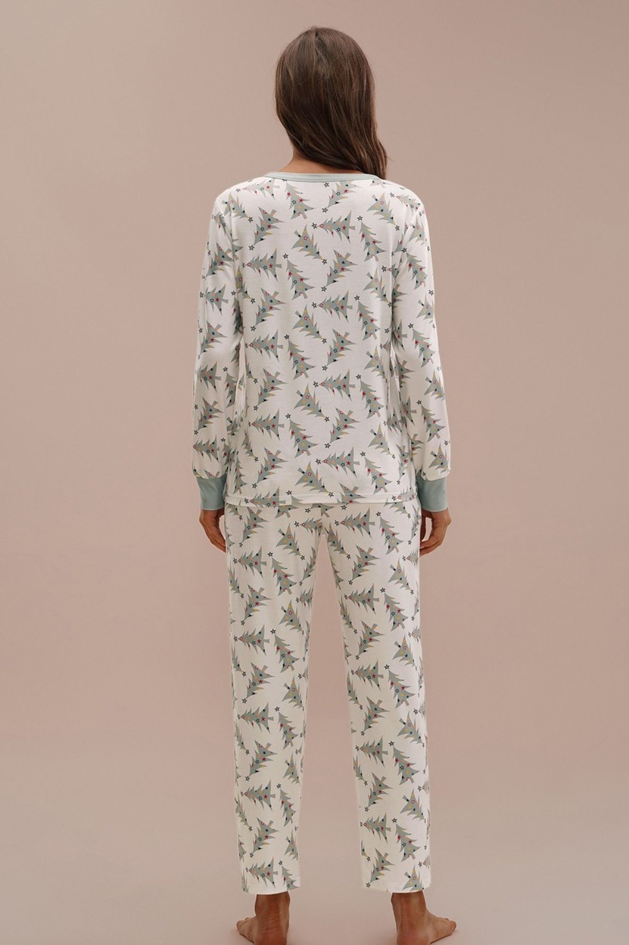 Hot Pine Print Long Sleeve Round Neck Pj Set Multi