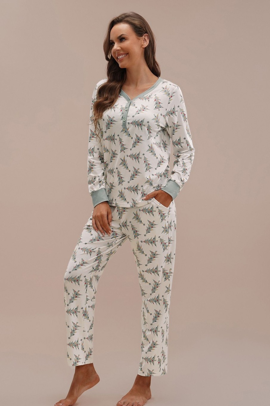 Hot Pine Print Long Sleeve Round Neck Pj Set Multi