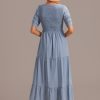 Wholesale Short Sleeve Scoop Neck Buttons Smocked Tiered Maxi Dress Light Dusty Blue