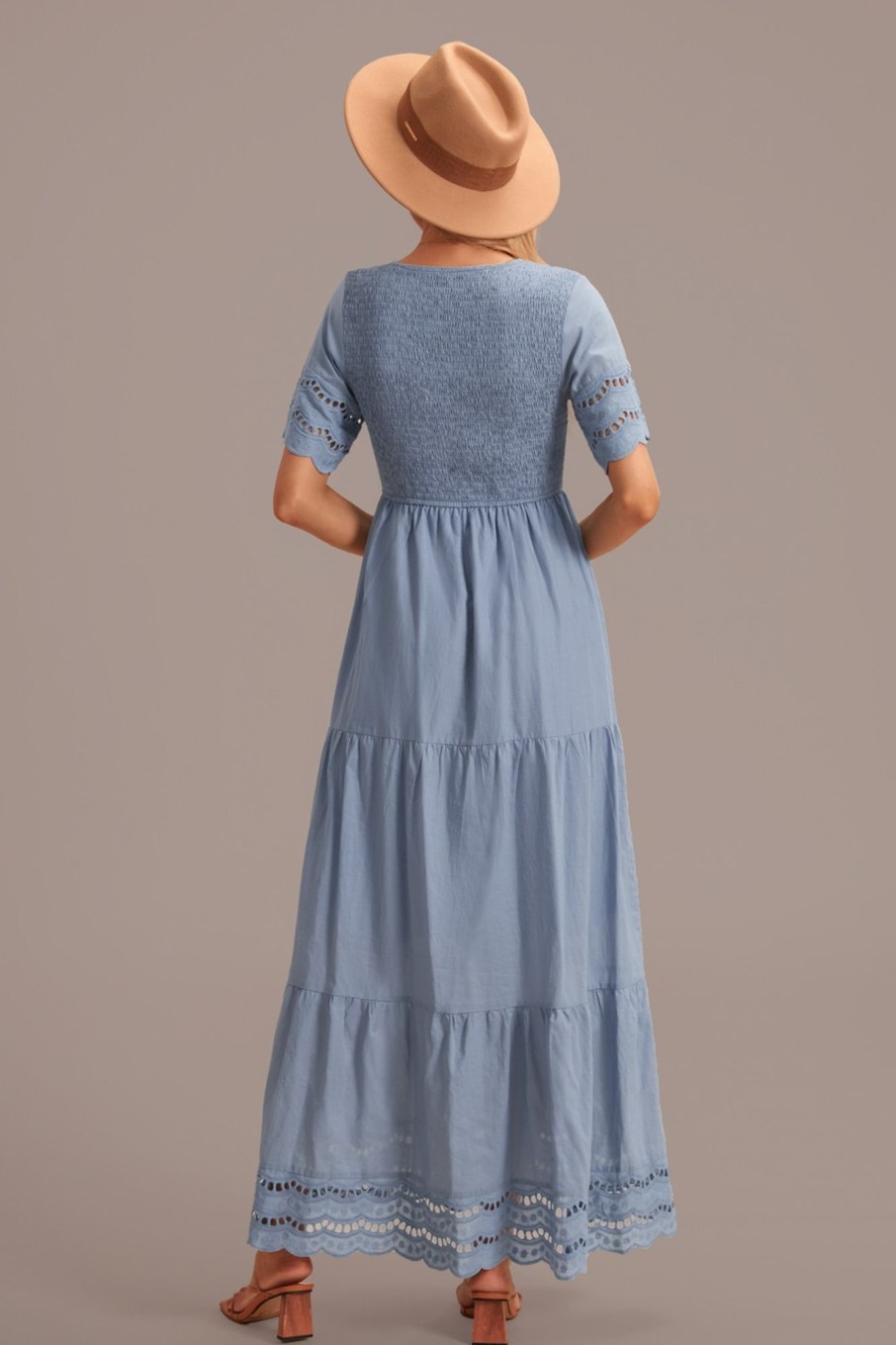 Wholesale Short Sleeve Scoop Neck Buttons Smocked Tiered Maxi Dress Light Dusty Blue