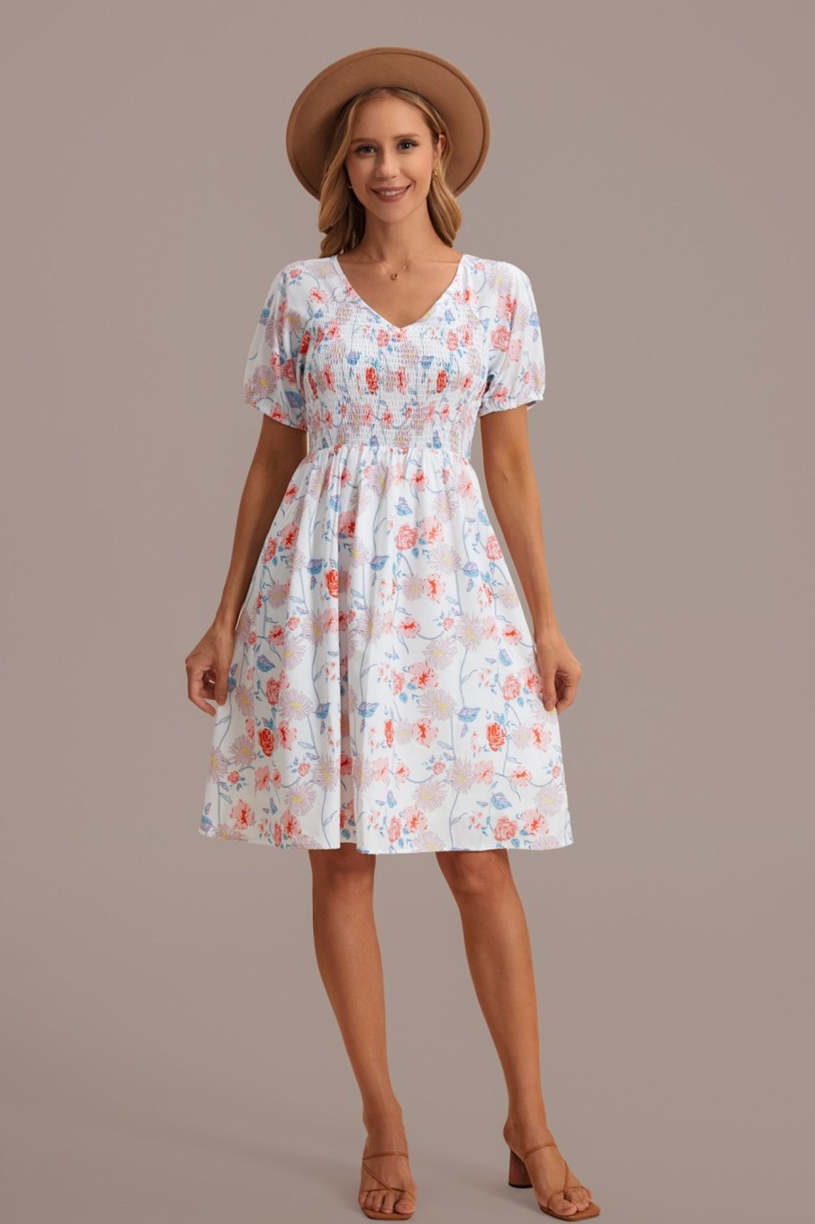 Online White Short Sleeve V Neck Smocked Mini Dress Floral