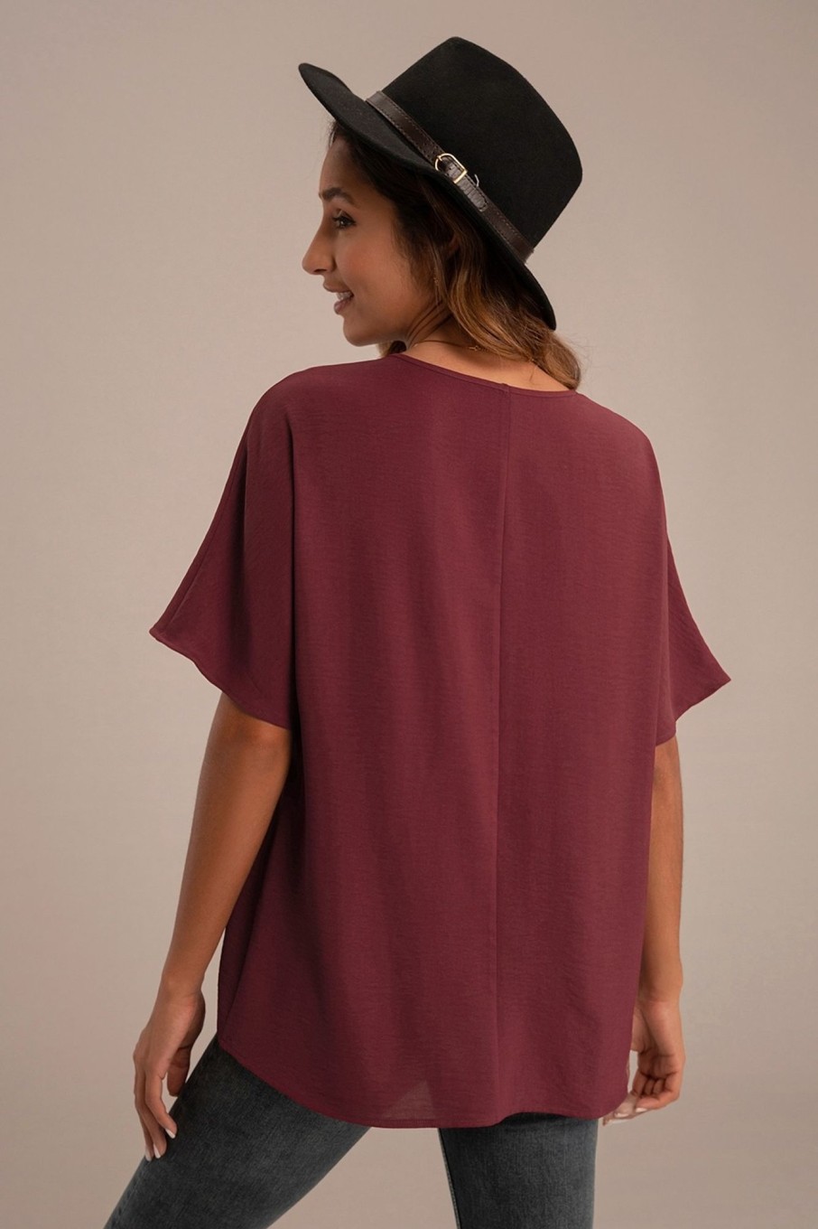 New Solid V Neck Short Sleeve Blouse Burgundy