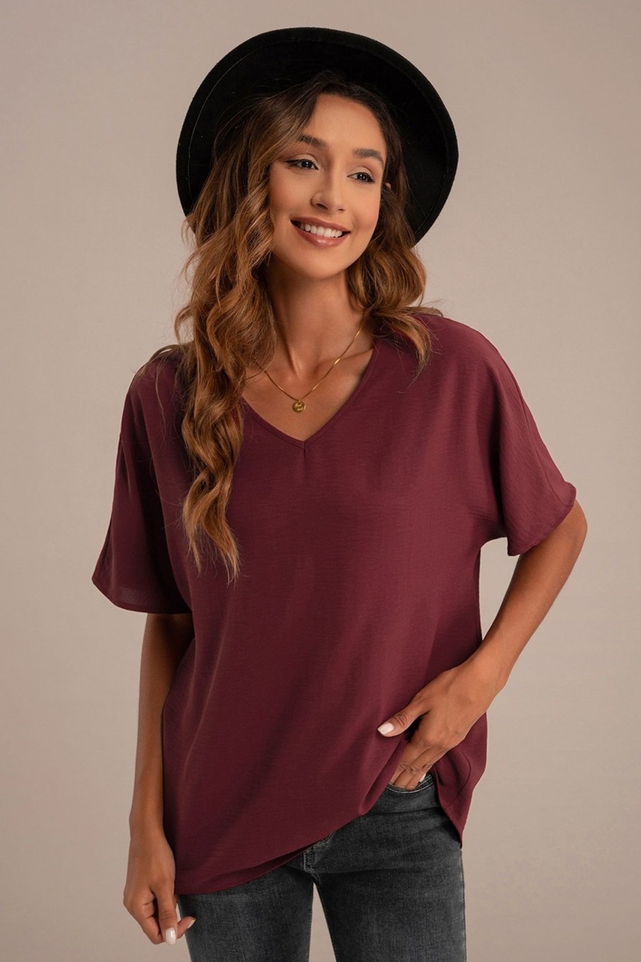 New Solid V Neck Short Sleeve Blouse Burgundy