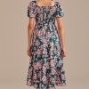 Online Floral Short Puff Sleeve Square Neck Smocked Tiered Midi Dress Multi