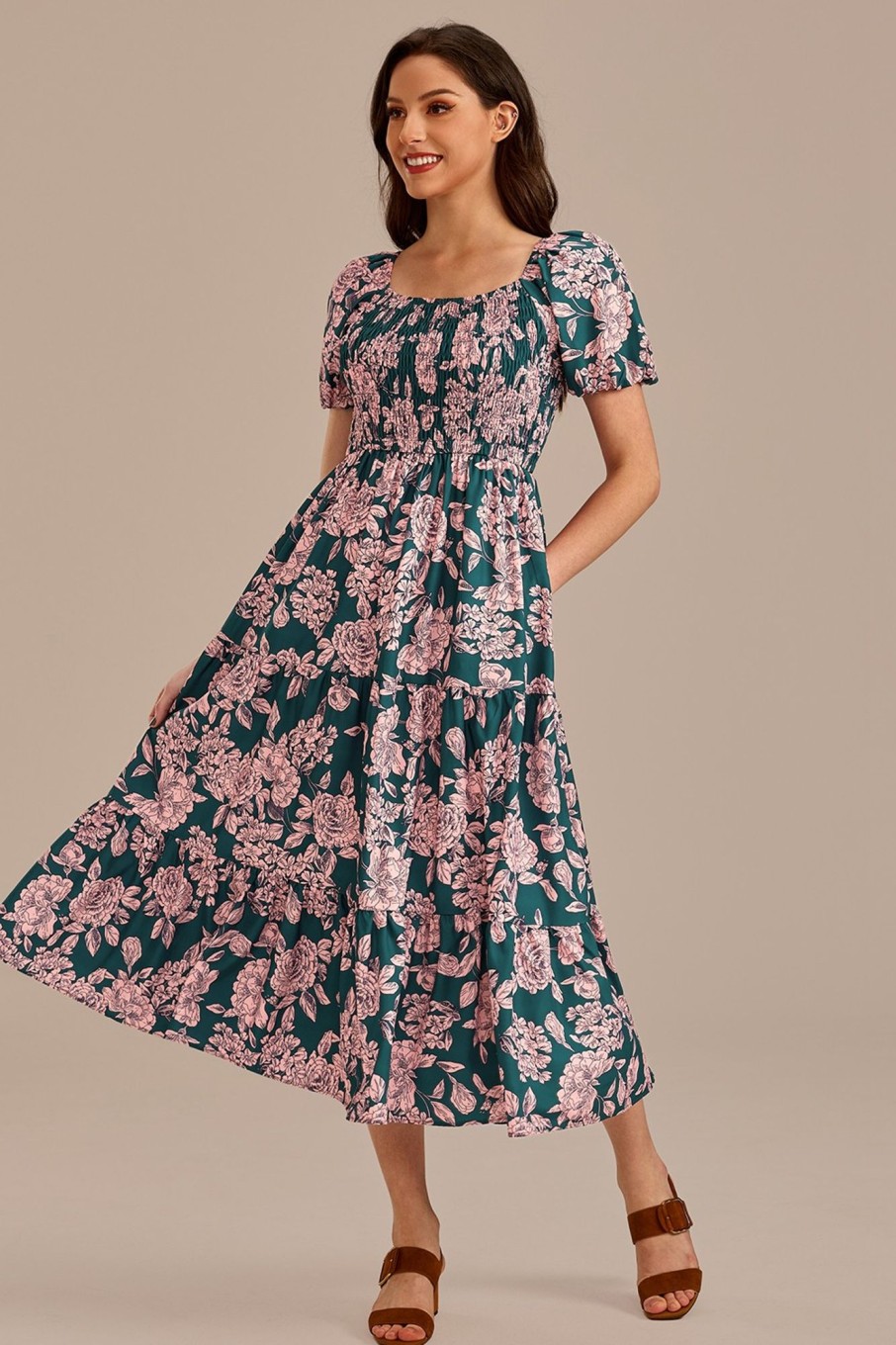 Online Floral Short Puff Sleeve Square Neck Smocked Tiered Midi Dress Multi