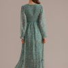 New Floral Long Sleeve V Neck Smocked Tiered Maxi Dress Teal