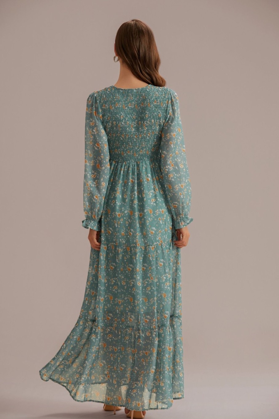 New Floral Long Sleeve V Neck Smocked Tiered Maxi Dress Teal