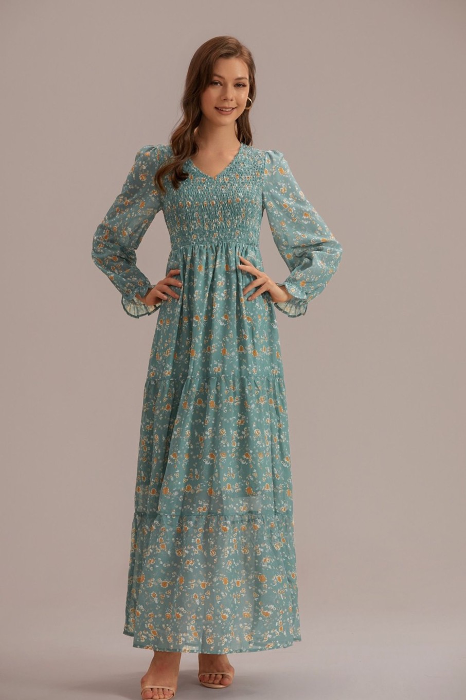 New Floral Long Sleeve V Neck Smocked Tiered Maxi Dress Teal