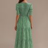 New Floral Short Sleeve Round Neck Smocked Tiered Midi Dress Green