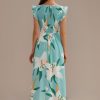 Hot Floral Short Sleeve Round Neck Smocked Midi Dress Green